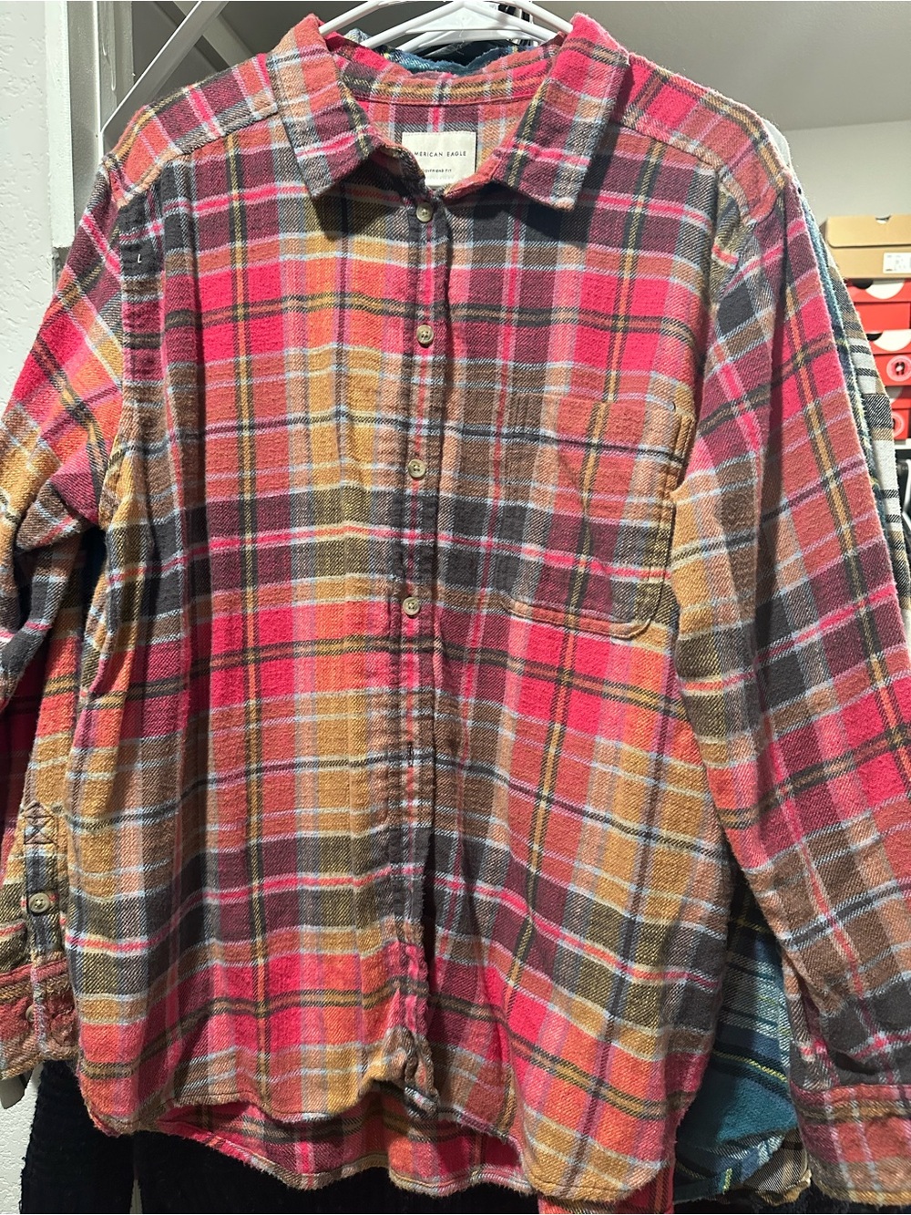 American Eagle Outfitters Pink, Black and Brown Flannel - Boyfriend Fit